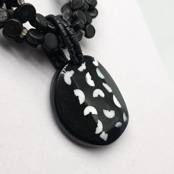 Black Multi-Strand Wood Bead Necklace Shell-Inlaid Pendant By Chicos - Picture 3 of 5